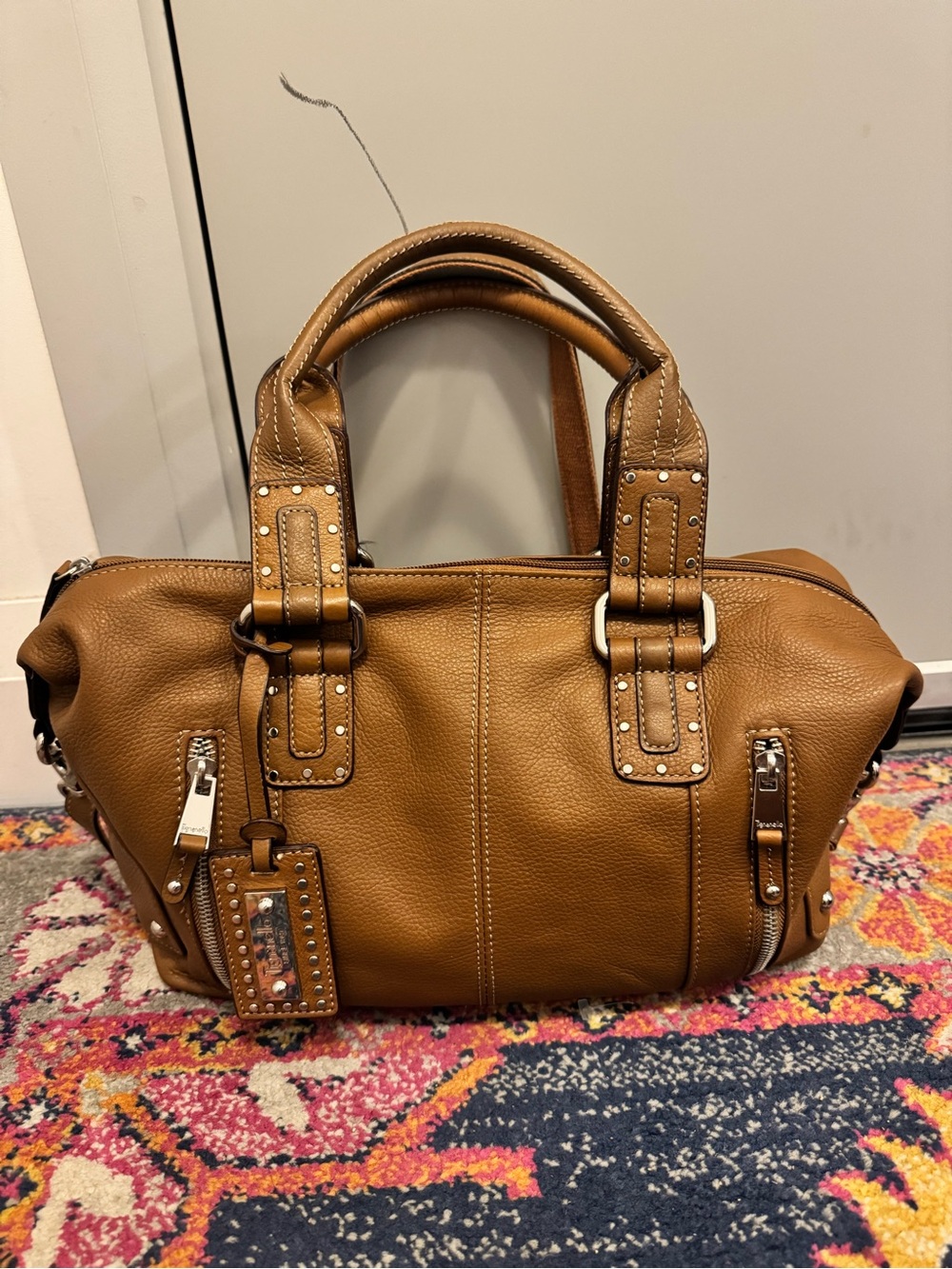 Tignanello Caramel Tan Pebbled Leather Satchel
